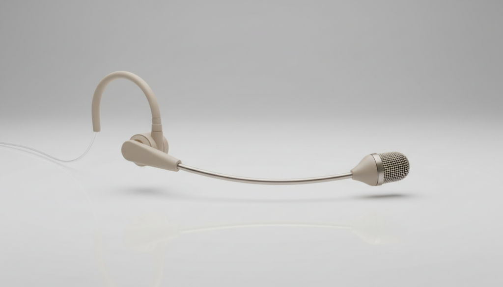 Beige over-ear headworn microphone with boom arm for wireless systems