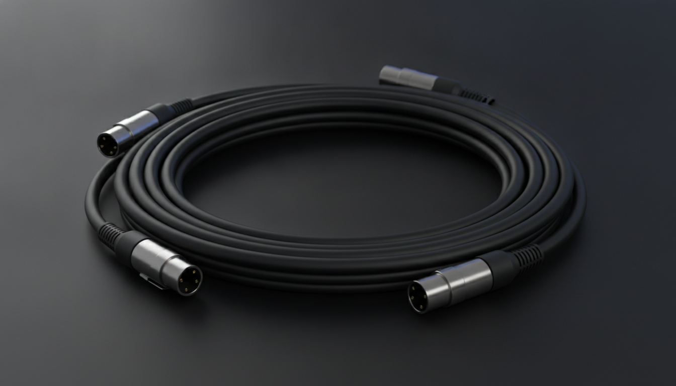 Coiled black XLR microphone cables with silver connectors on a dark surface